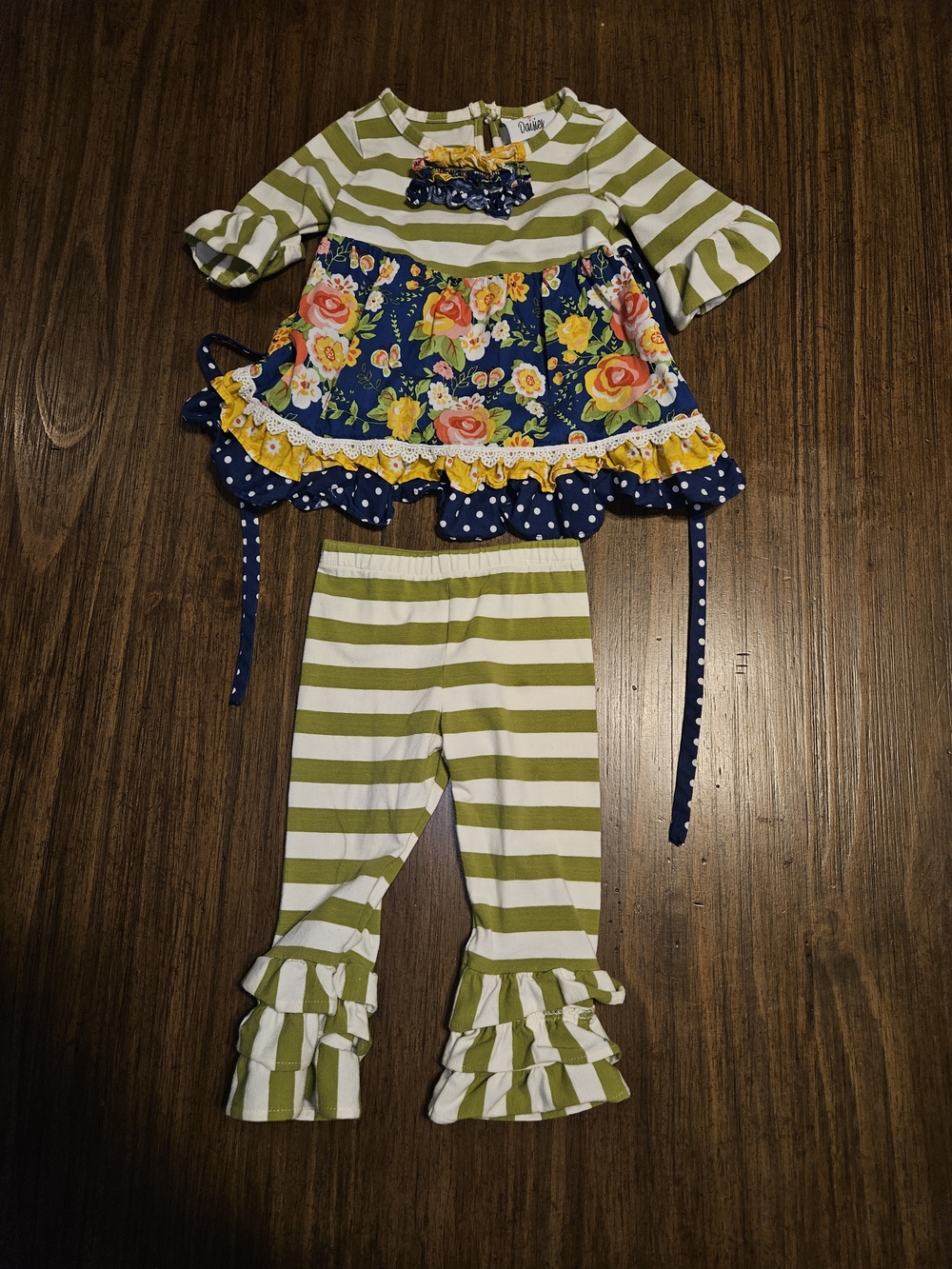 Girls Olive Stripe & Navy Floral Ruffle Matching Set by Daisy